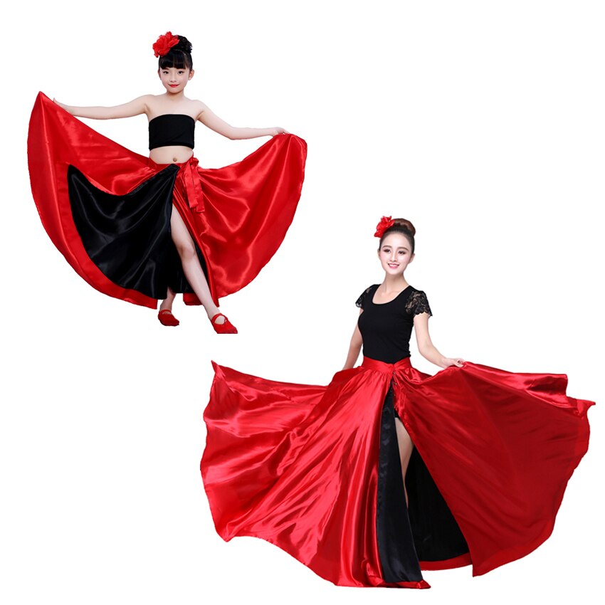 레드 블랙 새틴 솔리드 스페인 플라멩코 스커트 레이스 업 여성 댄스 의상, 360-720 도 소녀 볼룸 어머니 딸 드레스